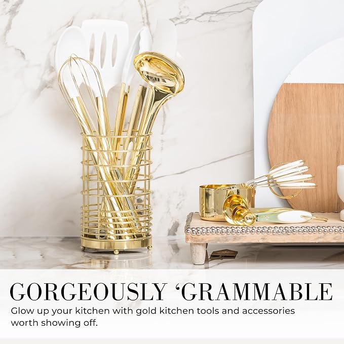 Styled Settings White and Gold Kitchen Utensils Set, 15-Piece | BPA free, Non-Scratch, Silicone Utensils Set Includes Measuring Cups and Spoons, White and Gold Kitchen Accessories - Image 3