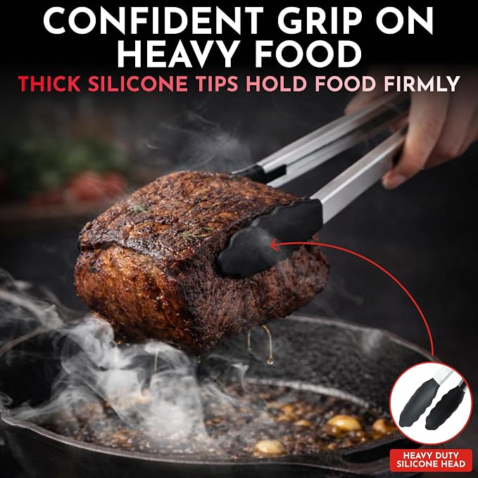 Kitchen Tongs - 12, 9 & 7 Inch Locking Silicone Tongs for Cooking, Set of 3 | Black Tongs with Silicone Tips, Heat Resistant Tongs for Grilling, Serving, Mixing - Image 3