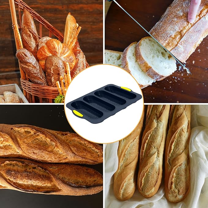 Silicone Bread Loaf Pan, 4-cavity Non-Stick Baguette Bread Pan Heat Resistant Hot Dog Bun Mold, for Sub Roll Baking Pan Bread Pans for Homemade Bread（Gray）