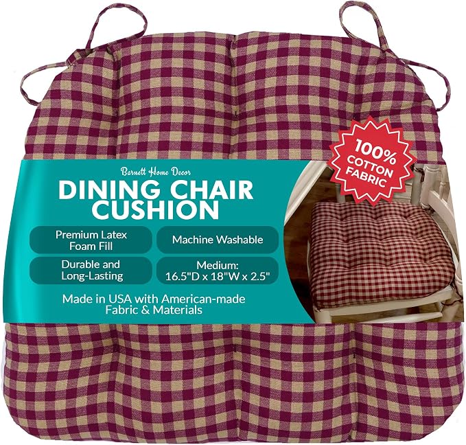 Barnett Home Decor Farmhouse Check Dark Red & Tan Dining Chair Pad with Ties - Latex Foam Fill - 100% Cotton, Made in USA - Machine Washable, Reversible (Red Tan) by BarnettHomeDecor