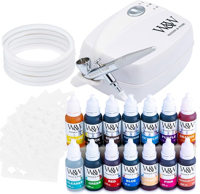 Watson & Webb Essentials Selection - Cake Airbrush Decorating Kit - Inc Professional 3 Speed Mains Powered Spray Gun, 13 Vibrant Colors & Tools - for Food, Cakes, Cookies & Baking