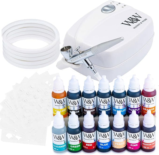 Watson & Webb Essentials Selection - Cake Airbrush Decorating Kit - Inc Professional 3 Speed Mains Powered Spray Gun, 13 Vibrant Colors & Tools - for Food, Cakes, Cookies & Baking