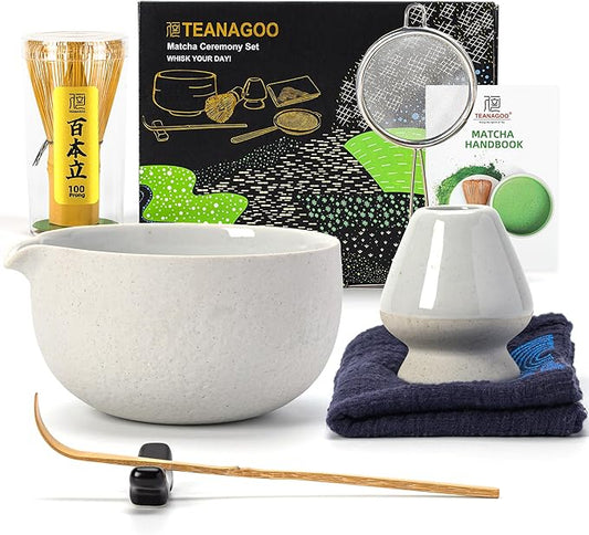 TEANAGOO Matcha Whisk Set,7 Pcs Matcha Set Lt.Grey,Matcha Kit for Ceremony,Matcha Tea Set for Making Breakfast/Latte,Matcha Whisk Set and Bowl with All Accessories,Gift for Matcha Lover/Friend/Family