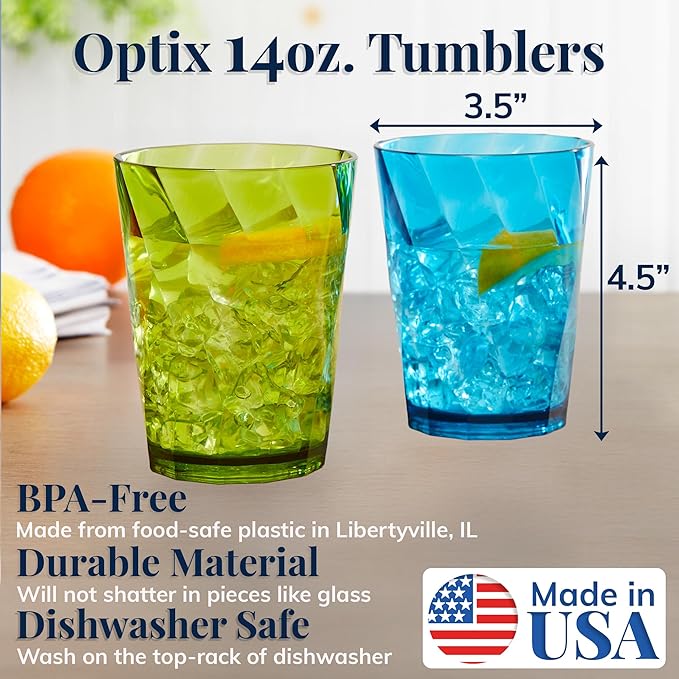 US Acrylic Optix Plastic Reusable Drinking Glasses (Set of 8) 14oz Rocks Cups in Jewel Tone Colors | BPA-Free Tumblers, Made in USA | Top-Rack Dishwasher Safe - Image 2