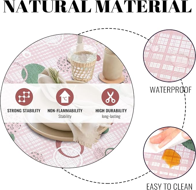 FIFTY FEET 84 * 60 Inch Rectangle Tablecloth, Vinyl Tablecloth with Flannel Backing for Rectangle Tables, Spill Proof Plastic Picnic Table Cover for Dining/Camping/Indoor/Outdoor(Pink Plaid) - Image 3