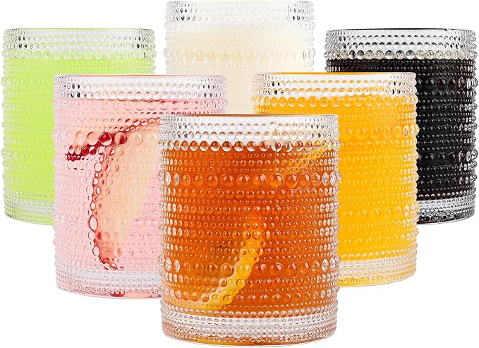 ZMOWIPDL Drinking Glasses Set of 6,12oz Clear Hobnail Glass Cups | Vintage Glassware，Embossed Water Tumbler,for Beer,Cocktail,Whiskey,Juice and Various Mixed Drinks- 1 Cleaning Brush by ZMOWIPDL