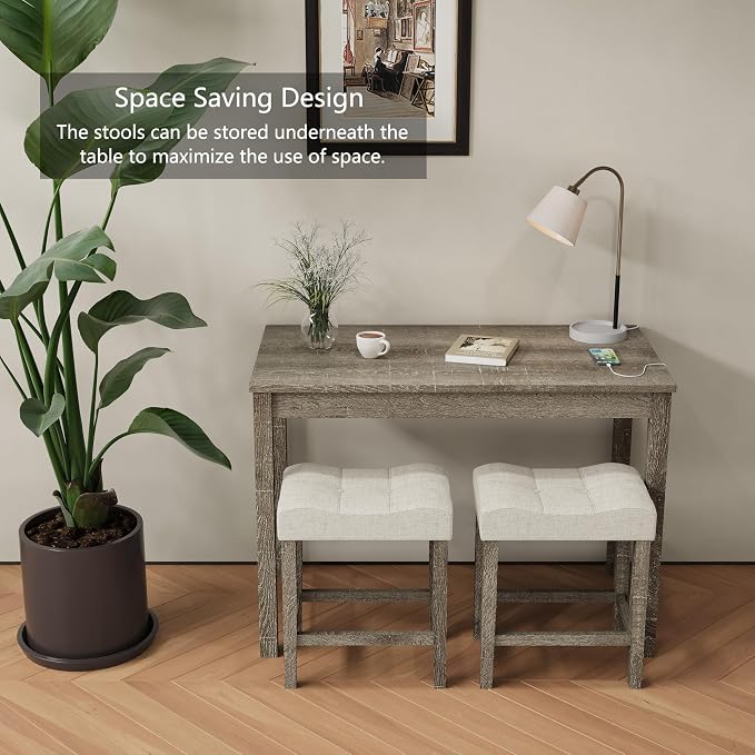 allamazing 3-Piece Counter Height Bar Table Set with Socket and 2 Fabric Padded Bar Stools, Tall Kitchen Breakfast Dining Table Set with Stools (1+2 Natural) - Image 7