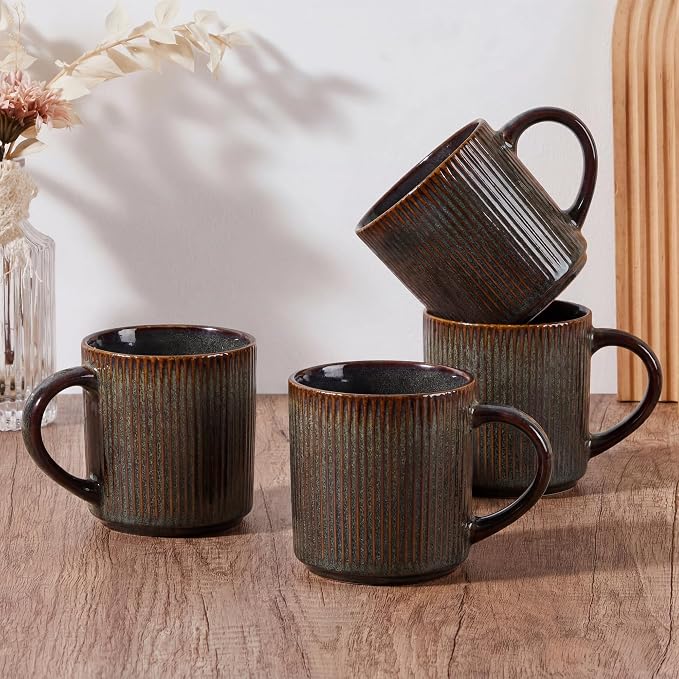 E-far Coffee Mugs Set of 4, 12 oz Stoneware Coffee Cups with Handle for Latte, Tea, Cocoa, Milk, Modern Ribbed Ceramic Mugs for Man Woman, Microwave & Dishwasher Safe, Blackish Green by E-far