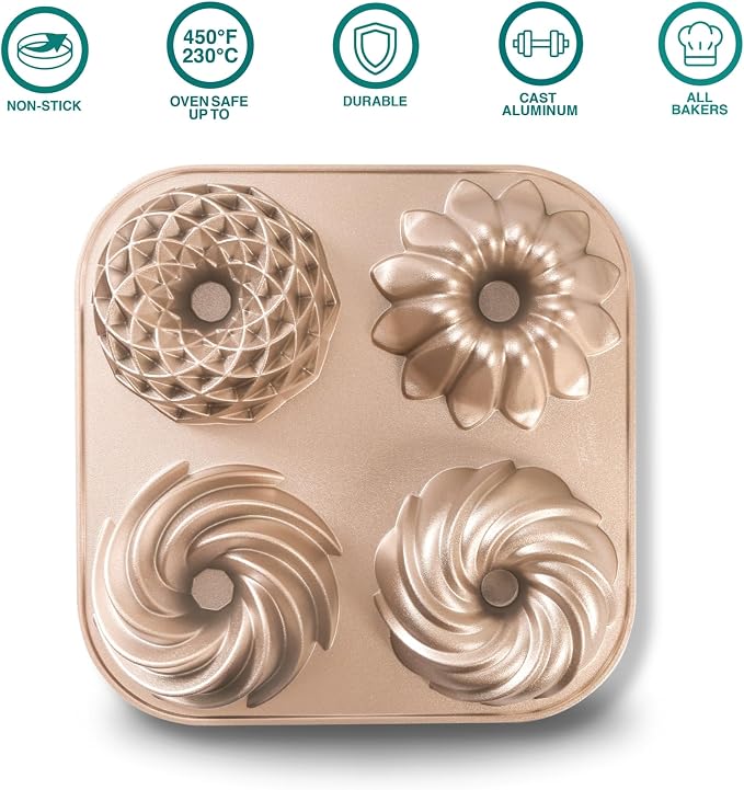 Baker's Secret Nonstick Fluted Cake Pan, Heavy Duty Die Cast Aluminum Fluted Cake Baking Pans, 2 Layers Non-stick Coating For Easy Release - The Cast Aluminum Collection (4mini Loves) - Image 3