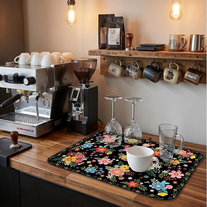 Tropical Floral Dish Drying Mat for Kitchen Counter Coffee Bar 18x24 in | Decorative Non Slip Absorbent Kitchen Dishes Drainer Mat, with Anti-slip Rubber Backing & Hanging Loop, for Sink, Home Decor - Image 6