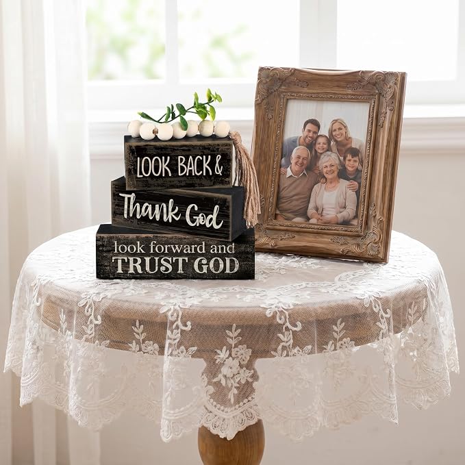 Moucuny 4 Pcs Farmhouse Table Decor Inspirational Wooden Signs Rustic Eucalyptus Leaves Wooden Block Sign Gift Thank and Trust God Farmhouse Table Centerpiece for Living Room Housewarming Gift - Image 3
