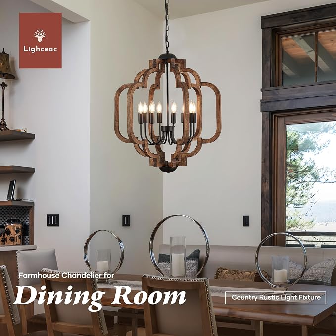 24.6" Farmhouse Vintage Chandelier 8-Light for Dining Room Rustic Handmade Wood Hanging Ceiling Pendant Light Fixture for Entryway Brown Retro Chandeliers for Kitchen Bedroom Foyer Hallway - Image 3