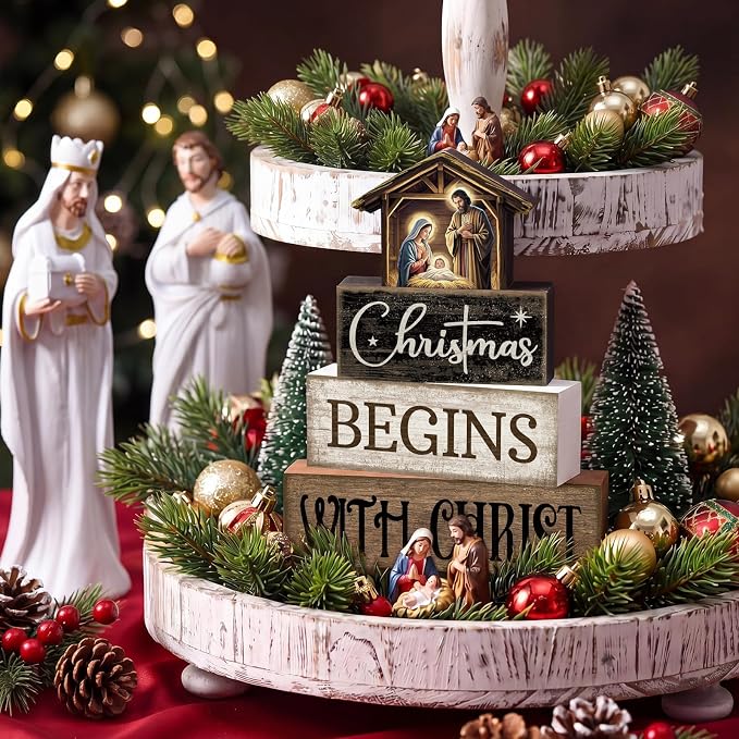 Moucuny 4 Pcs Christmas Table Decoration Christian Wooden Stacked Block Decor, Christmas Begins with Christ Signs with Nativity Scene Topper, Rustic Religious Xmas Tiered Tray Decor for Home Church - Image 7