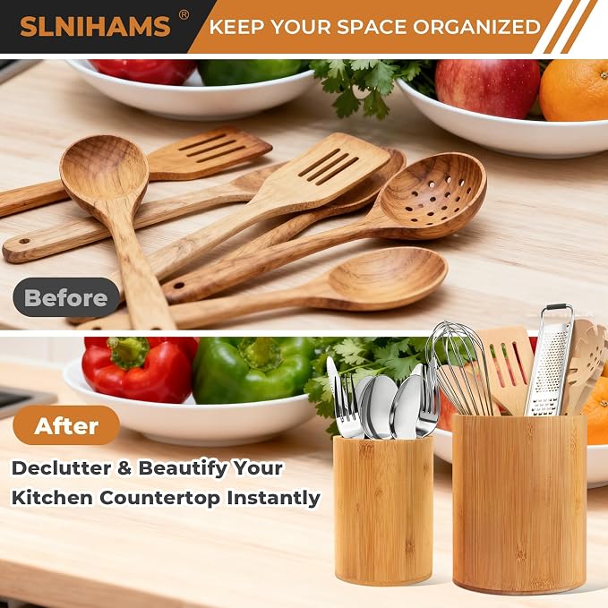 Bamboo Utensil Holder, 7.3"+5.4" Set of 2 Utensil Holders for Kitchen Counter, Bamboo Spoon and Chopstick Organizer, Flatware, Spatula & Silverware Storage Containers, for Countertop & Pantry - Image 6