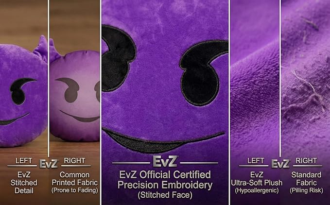 EvZ Official Certified Devil Emoji Pillow - 32cm Large Soft Plush Purple Imp Emoticon Cushion - Unique Horned Decorative Stuffed Toy for Halloween, Gaming Room (Purple) - Image 3
