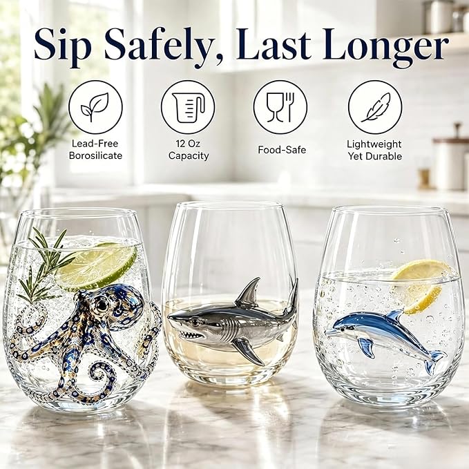 Novelty 3D Sculpted Ocean Life Stemless Wine Glasses, 12oz Embossed Sea Animal Glassware for Beverages, Premium Borosilicate Glass Beach Gifts (Seahorse) - Image 4