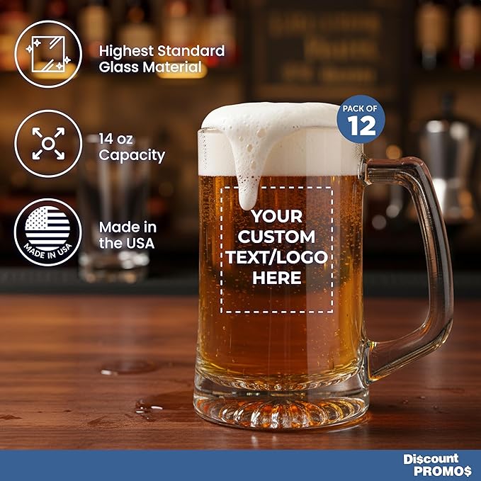 DISCOUNT PROMOS Custom ARC Glass Beer Mugs 14 oz. Set of 12, Personalized Bulk Pack - Great for Octoberfest, Pub, Restaurant - Clear
