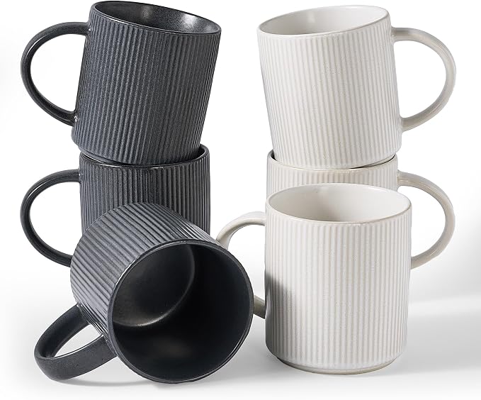 famiware Coffee Mug Set for 6, Star 16 oz Catering Mugs Cup Set with Handle for Coffee, Tea, Cocoa, Milk - Ceramic Stoneware Drinkware Set, Matte White + Matte Black by Famiware