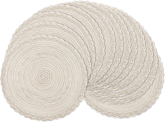 SHACOS 15 inch Round Braided Placemats Set of 12 for Dining Table Woven Boho Place Mats Kitchen Placemat Washable Table Mats, Ivory Bordered by SHACOS