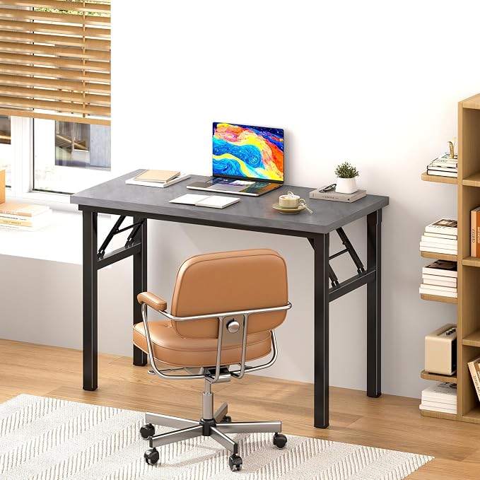 DlandHome 31.5 Inch Small Folding Computer Desk for Home Office, Grey | Foldable Writing Table for Small Spaces Bedroom, No Assembly Required, Wood Top Metal Frame, Collapsible Compact Easy Storage - Image 2