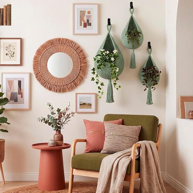 Honeydak Boho Decor Hanging Wall Baskets for Kitchen 3 Pack Teardrop Baskets with Hooks Storage Fruit Onion Vegetable Potato for Home 3 Sizes (Sage Green,Tassel,Cotton Rope) - Image 5