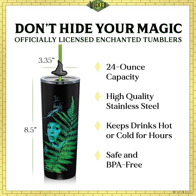Dragon Glassware x Wicked: For Good Stainless Steel Tumbler, 24 oz 2-Pack | Set of 2 Vacuum Insulated Stainless Steel Wicked Cups with Lids & Straws; With Straw Charm; Official Wicked Merch - Image 3