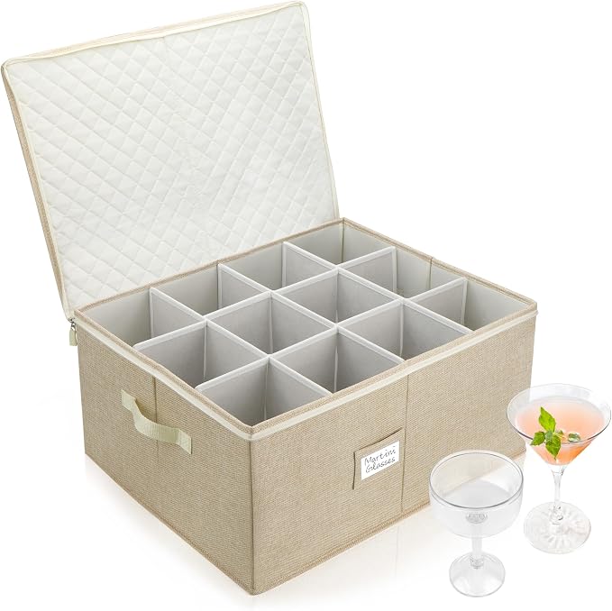 LotFancy Stemware Storage Container, Hard Shell, Large Wine Glass Storage Box for Moving, Stackable, Foldable, Crystal Glassware, Drinkware Case with Dividers & Handles, 21”x15.5”x10”, Beige by LotFancy