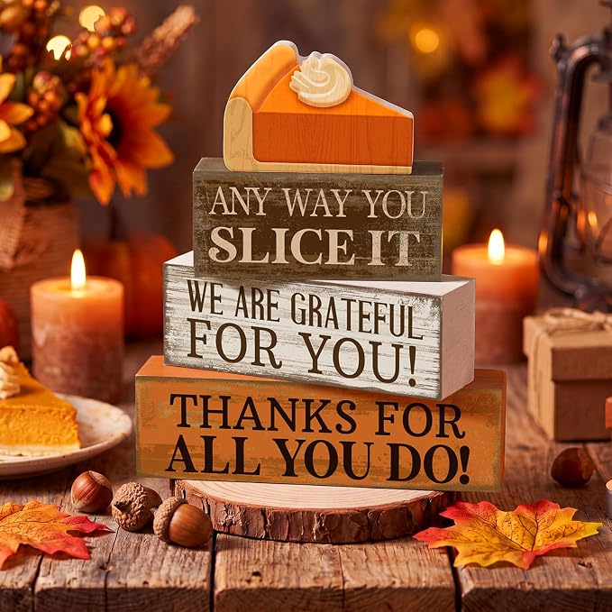Moucuny 4 Pcs Fall Coffee Table Decor Fall Decoration for Home Wooden Stacked Block with Pumpkin Pie Topper Rustic Thanksgiving Tiered Tray Decor for Harvest Party Home Kitchen Coffee Bar - Image 2