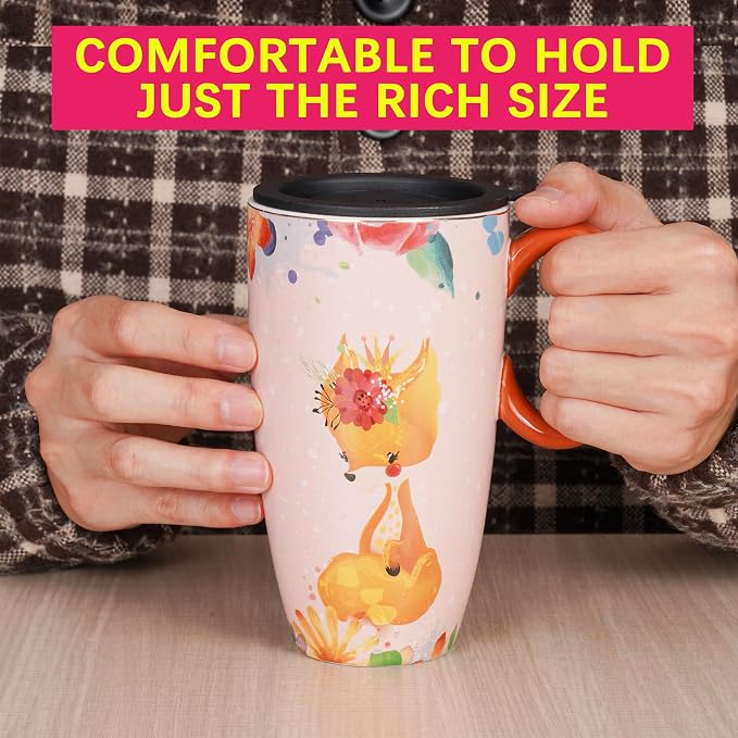 Fox Mug 20 oz Ceramic Travel Mug Porcelain Large Coffee Mug with Lid Kawaii Cup Fox Gifts for Women Housewarming Holiday Birthday Gifts for Women Mom Kids Men and Friend - Image 6
