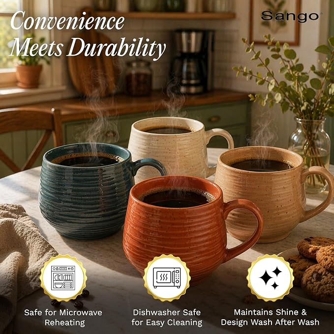 SANGO 17.5 oz Stoneware Coffee Mugs Set of 4, Rustic Ceramic Mug with Speckled Reactive Glaze, Large Pottery Drinkware for Coffee or Tea, Dishwasher & Microwave Safe Mugs, Siterra Painter’s Palette - Image 4