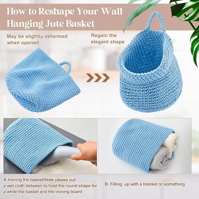 Honeydak Boho Decor Hanging Wall Baskets for Kitchen 3 Pack Teardrop Baskets with Hooks Storage Fruit Onion Vegetable Potato for Home(Light Blue,Barrel,Cotton Rope) - Image 5
