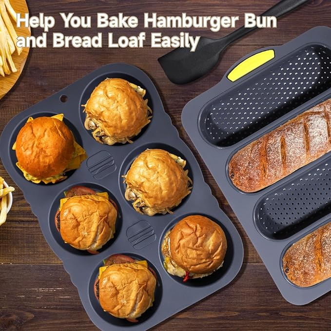 OMISTAR Silicone Hamburger Bun Mold Set of 5-4 6 9 Cup Silicone Hamburger Bun and Baguette Pan with Scraper and Oil Brush,Nonstick Baking Tray Bread Pans for Homemade Bread Loaf Sandwich