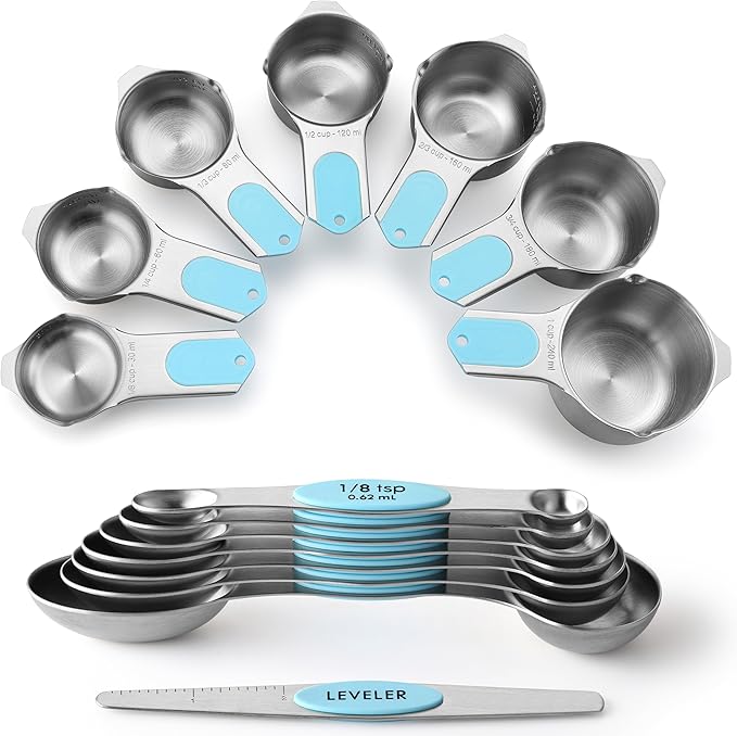 Spring Chef Magnetic Measuring Cups & Spoons Set of 15, Patented, Aqua Sky | Stackable Stainless Steel Measuring Cups & Heavy Duty Metal Measuring Spoons with Levelers for Dry & Liquid Ingredients by SpringChef