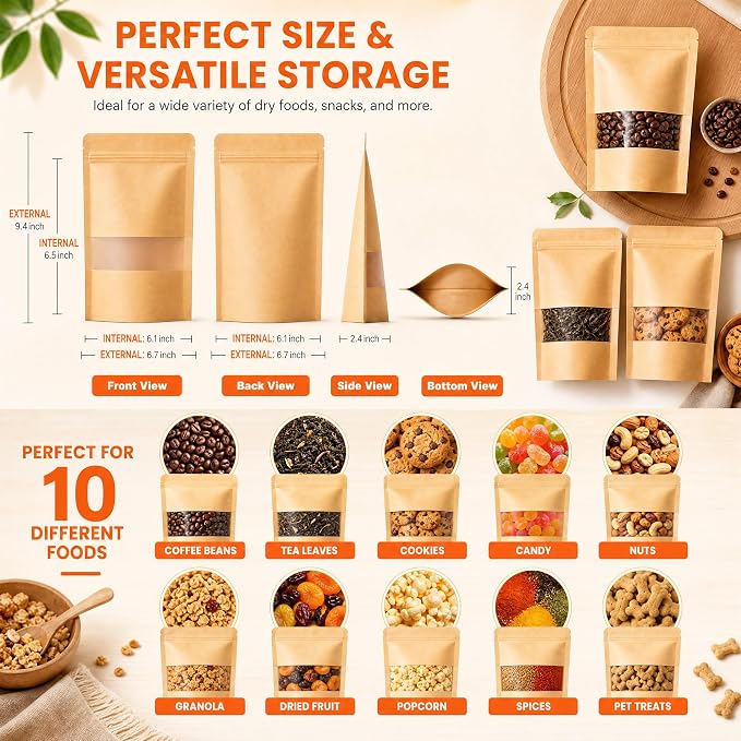 100 Pcs Kraft Paper Bags with Window, 6.7" x 9.4" Stand Up Pouches Bags, Food Storage Bags for Packaging Products, Reusable, Sealable - Image 3