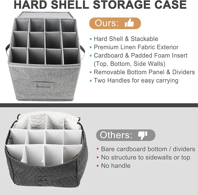 LotFancy Champagne Flute Storage Container, Hard Shell, Stackable, 12" Tall Wine Glass Storage Box with Dividers & Handles, Stemware, Crystal Glassware, Drinkware Case for Moving, Grey - Image 4