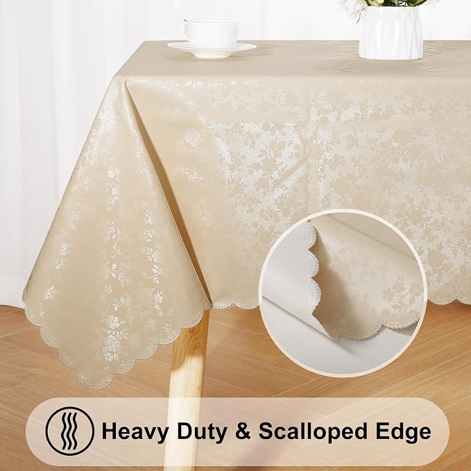 Smiry Rectangle Waterproof Heavy Duty Vinyl Tablecloths, 60 x 140 Inch | Wipeable Washable Floral Embossed Table Cover for Kitchen and Dining Room, Indoor & Outdoor Use, Beige - Image 6