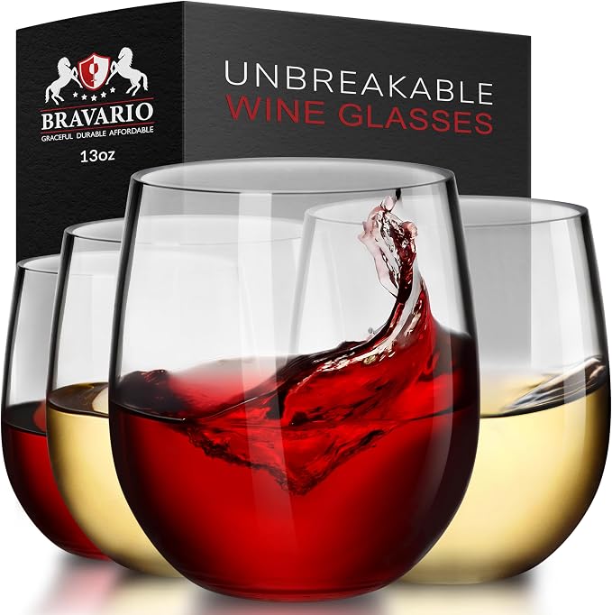 Bravario Unbreakable Stemless Plastic Wine Glasses | Reusable | Shatterproof 100% Tritan Plastic | Dishwasher-Safe | BPA-free | Awesome for Indoor & Outdoor | 13 oz, Set of 4 by Bravario