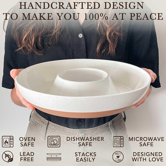 Mora Ceramic Chips and Dip Serving Tray: Large Divided Party Bowl Set for Chips & Salsa, Veggies & Dip, Fruit, Snacks, Entertaining, Hosting, etc. Minimalist Design for the Modern Hostess - White - Image 4