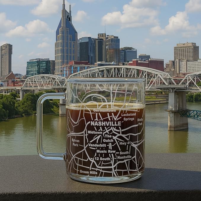 Greenline Goods – Nashville, TN Map Glass Coffee Mugs (Set of 2), 16 oz – Etched Wrap Design