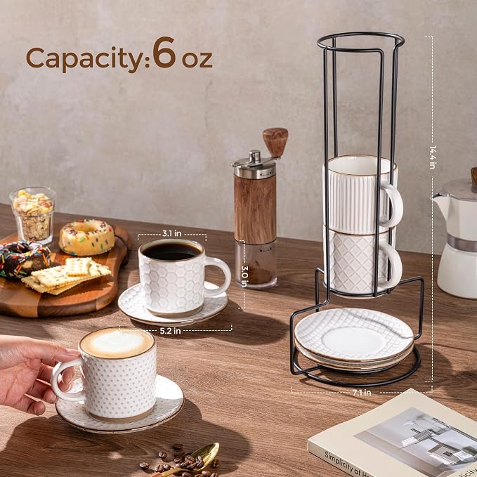 GBhome 6 OZ Stackable Coffee Mugs Set of 4, Ceramic Espresso Coffee Cups | Coffe Cups With Saucer and Stand, Dishwasher&Microwave Safe, 4 Assorted Designs - Image 2