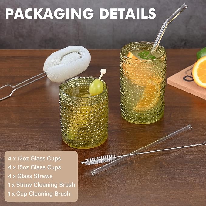 ZMOWIPDL 12oz & 15oz Hobnail Drinking Glasses,Green Glass Cups Set of 8 | Vintage Highball Glassware，Kitchen Drinkware，Embossed Water Tumbler,for Beer,Cocktail,Whiskey,Juice,Various Mixed Drinks - Image 4