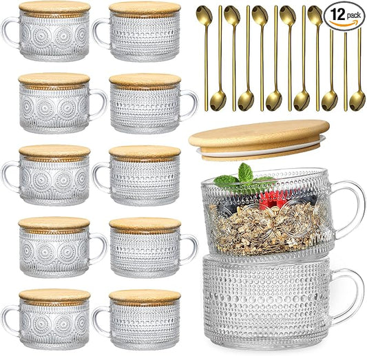 LANDNEOO 12pcs Set Irish Coffee Glasses, Vintage Coffee Mugs, Overnight Oats Containers with Bamboo Lids and Spoons - 14oz Clear Embossed Glass Cups, Cute Coffee Bar Accessories, Iced Coffee Glasses by MakeLifeBetterEasier