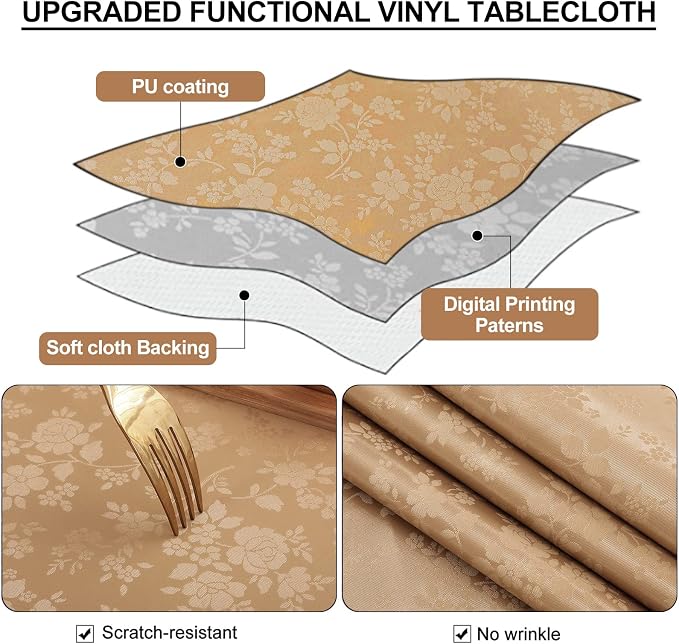 Smiry Rectangle Waterproof Heavy Duty Vinyl Tablecloths, 70 x 90 Inch | Wipeable Washable Floral Embossed Table Cover for Kitchen and Dining Room, Indoor & Outdoor Use, Brown - Image 3