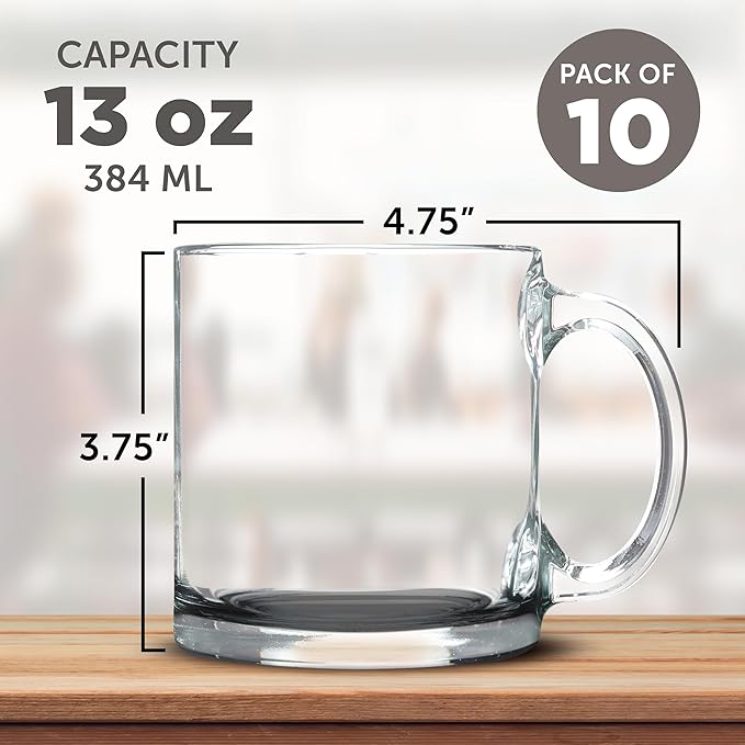 Libbey Clear Glass Coffee Mugs 13 oz. Set of 10, Bulk Pack - Perfect for Coffee, Tea, Espresso, Hot Cocoa, Other Beverages - Black Bottom