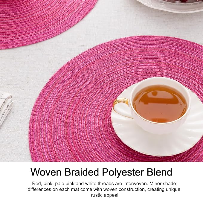 SHACOS Round Placemats Set of 4 Round Table Placemats Braided Cotton Place Mats 15 inch for Kitchen Dining Table Holiday Party (Hot Pink, 4) - Image 3