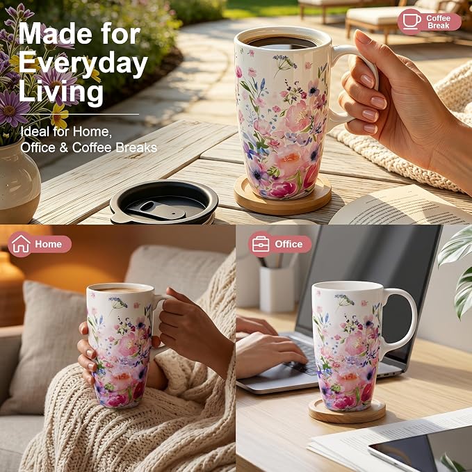 Topadorn 17oz Ceramic Travel Mug with Lid & Gift Box, Coffee Cup for Tea | Watercolor Flower Coffee Cup for Tea, Latte & Office Desk, Pink Garden Design - Image 4