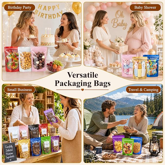 ANZNKU 100PCS Mylar Bags Resealable Large Smell Proof Bags(Green, 7.1x10.2) | Stand Up Foil Pouches Clear Window, Sealable Bags for Small Business Packaging Snack Party Favors Candy Treats Food Storage - Image 5