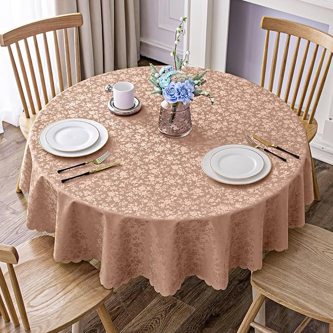 Smiry Round Waterproof Heavy Duty Vinyl Tablecloths, 60 x 60 Inch | Wipeable Washable Floral Embossed Table Cover for Kitchen and Dining Room, Indoor & Outdoor Use, Tan by Smiry