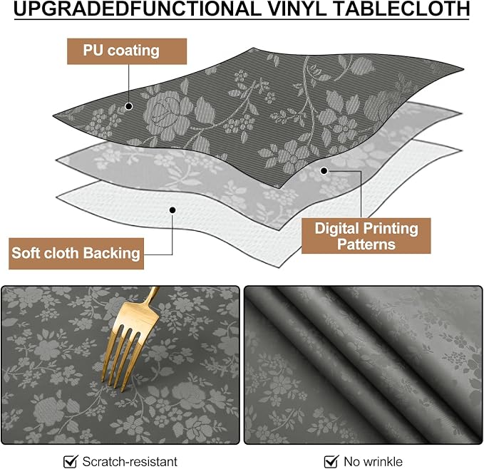 Smiry Rectangle Waterproof Heavy Duty Vinyl Tablecloths, 60 x 120 Inch | Wipeable Washable Floral Embossed Table Cover for Kitchen and Dining Room, Indoor & Outdoor Use, Dark gray - Image 6