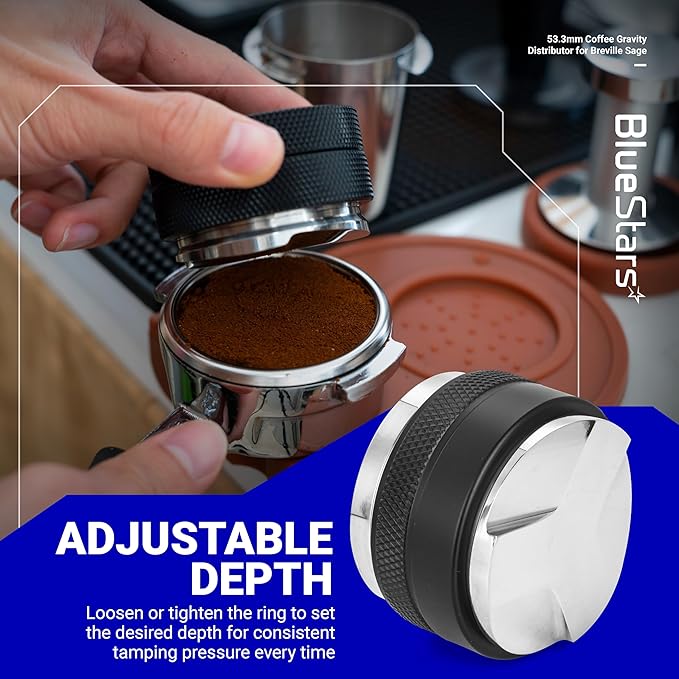 BlueStars 53.3mm Coffee Gravity Distributor & Tamper - Dual Head Coffee Leveler Compatible with 54mm Breville Portafilter - 304 Stainless steel Adjustable Depth Espresso Distributor Tool
